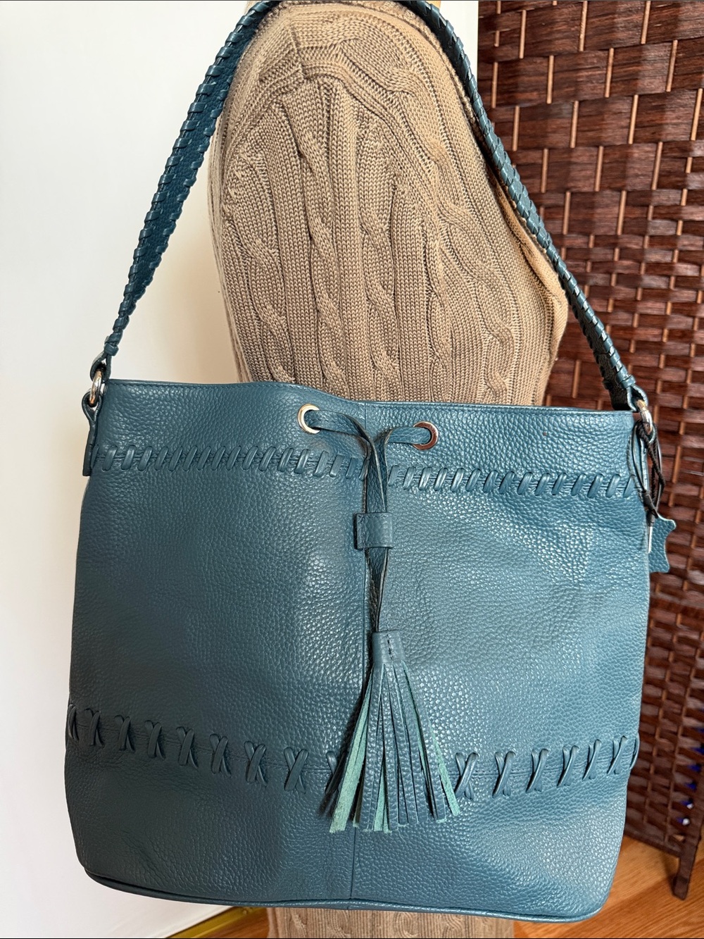 New Teal Turquoise blue Leather Tassel Shoulder Bag for Women large tote purse